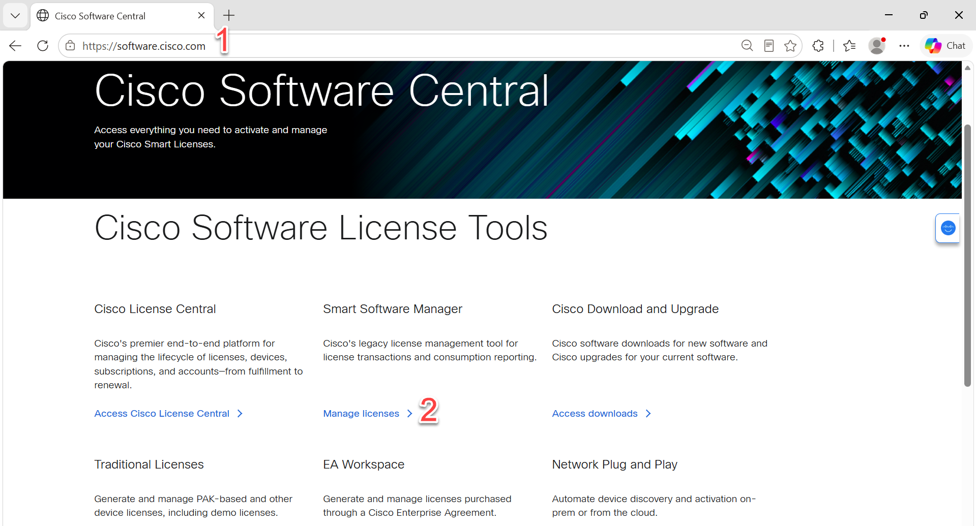 หน้า Cisco Software Central และตำแหน่งปุ่ม Manage licenses