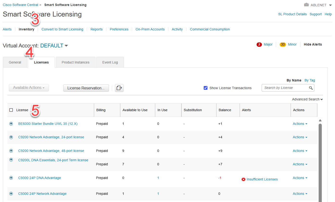 หน้า Inventory แท็บ Licenses แสดงรายการ License ในบัญชี