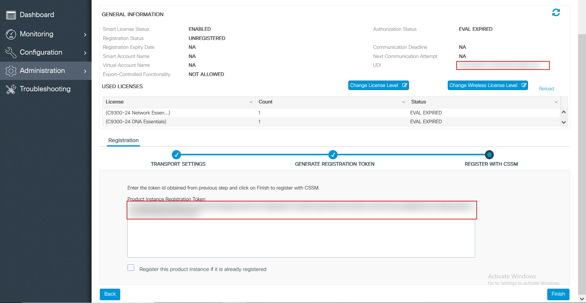ตัวอย่างการวาง Registration Token บน Catalyst 9300 ผ่าน Web UI